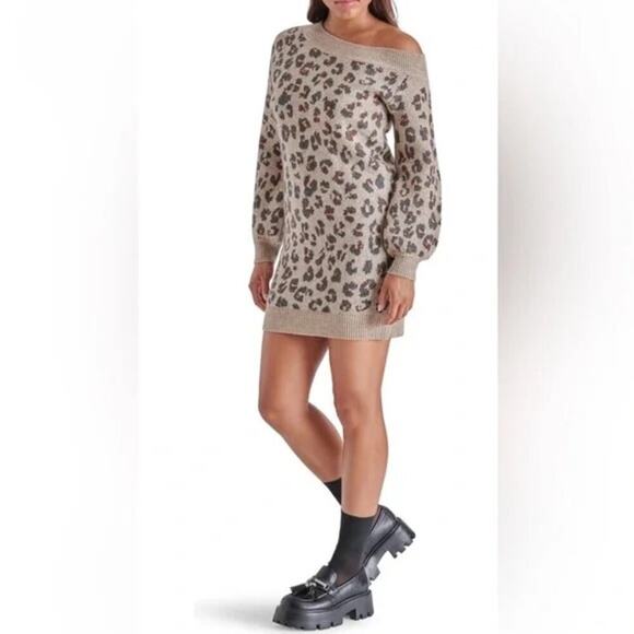 NEW Steve Madden Women's Large Leopard Print Off The Shoulder Sweater Dress NWOT - Picture 1 of 9